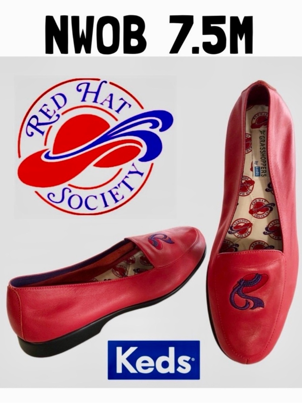NWOB KEDS Jazztime Red w/Hat Leather Loafers Red Hat Society (7.5M)